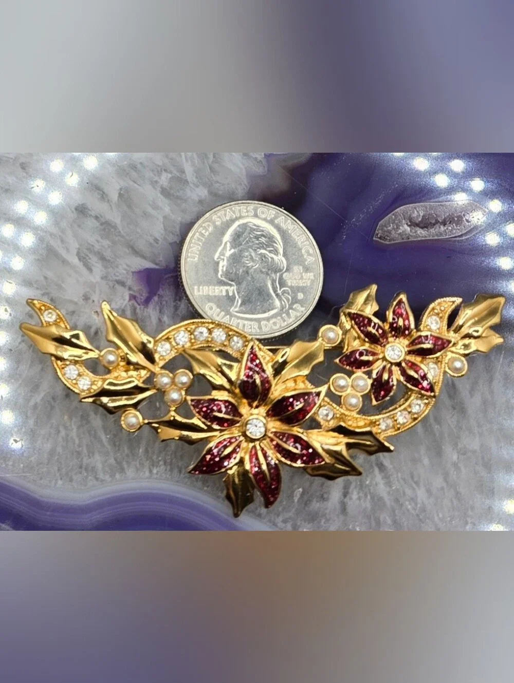 Avon Poinsettia Spray Brooch w/ Red Glitter Enamel & Faux Pearls  3¼